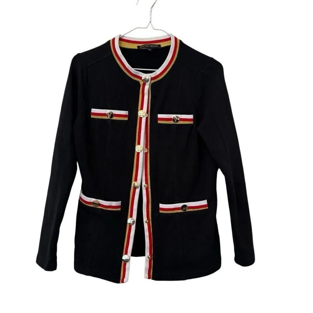 Boston Proper Gold Snap Button Knit Long Sleeve Blazer Jacket Black Red Size XS